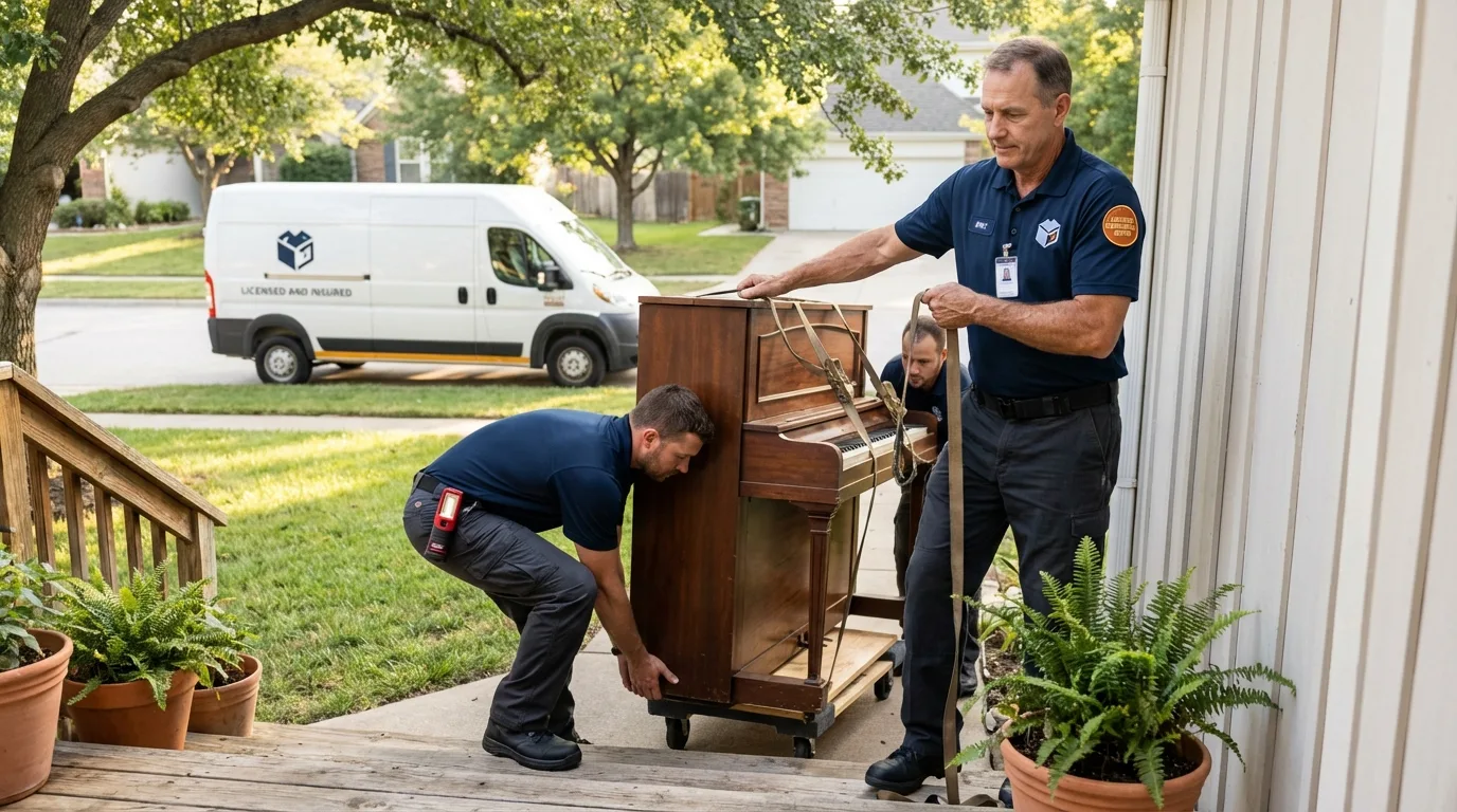 Licensed piano movers securing grand piano in Hastings, NE