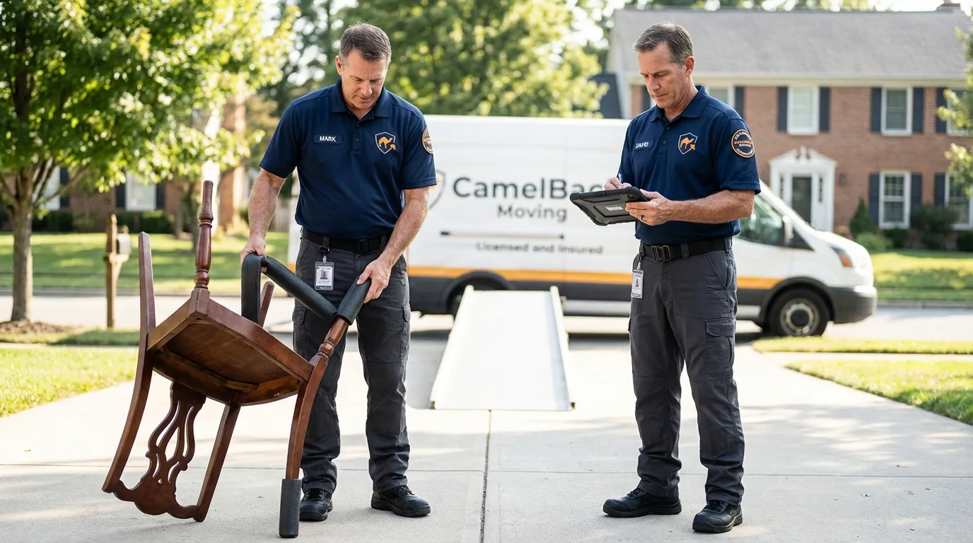 Movers inspecting furniture for damage prevention before loading in Hastings, NE