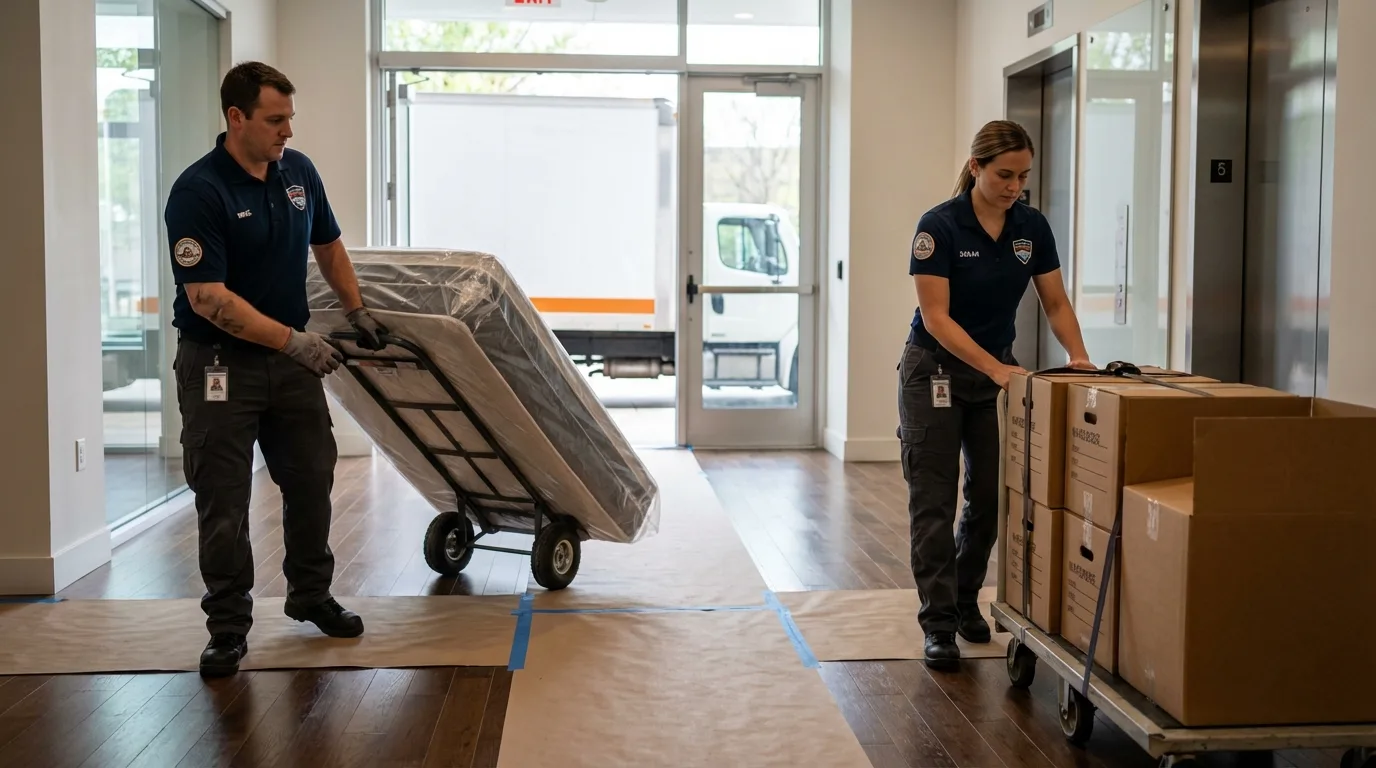 Professional apartment movers loading elevator in Hastings, NE